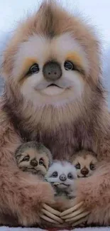 Adorable furry sloth family nestled together.