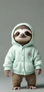 Adorable sloth wearing a mint hoodie.