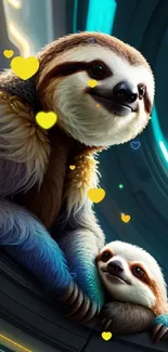 Adorable sloths in a futuristic space setting wallpaper.