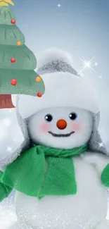 Adorable snowman with Christmas tree background for mobile wallpaper.