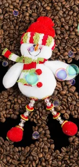 Cute snowman nestled among coffee beans for a whimsical holiday wallpaper.