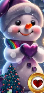 Snowman with heart in festive holiday scene on mobile wallpaper.