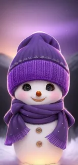 Cute snowman with purple hat and scarf, winter mobile wallpaper.