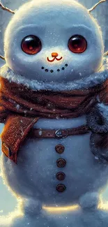 Cute snowman with big eyes and scarf in a snowy background.