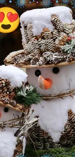 Adorable snowman with pinecone details in winter scene.