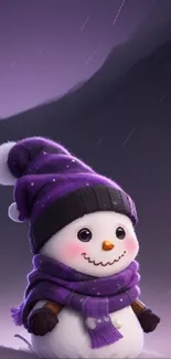 Cute snowman in purple hat and scarf against a snowy background.