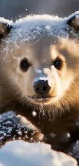 Adorable bear cub in snowy wilderness scene, enhancing mobile screens.