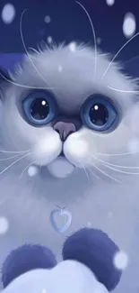 Cute fluffy cat in snowy winter background with blue eyes.