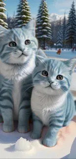 Two blue-grey cats in a snowy, forested landscape.