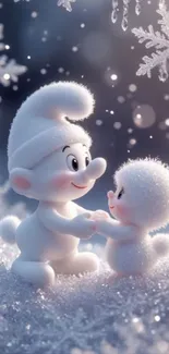 Adorable cartoon characters in snowy setting with snowflakes.