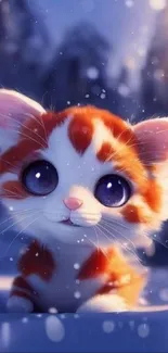 Adorable cartoon kitten in the snow with big eyes and orange-white fur.