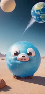 Cartoon animal in a space scene with planets for phone wallpapers.