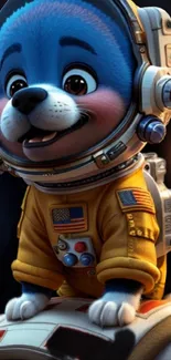 Adorable cartoon dog in space suit on a cosmic journey.