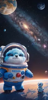 Cute animal in spacesuit with galaxy backdrop.