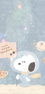 Adorable Snoopy in space-themed mobile wallpaper.