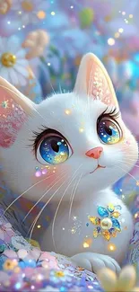 Cute, sparkling kitten in pastel fantasy setting on phone wallpaper.