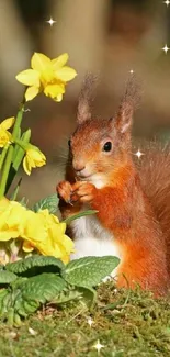 Red squirrel with yellow flowers in nature.