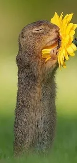 Cute squirrel sniffing a yellow flower in a natural setting.