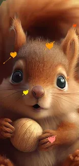 Cute squirrel holding acorn with heart accents on mobile wallpaper.