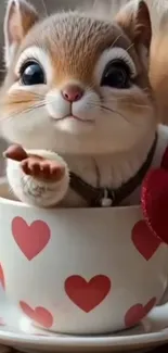 Cute squirrel in a heart-patterned cup.