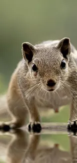 Cute squirrel on a reflective surface in natural surroundings.