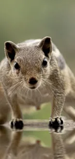 Cute squirrel with reflection on water in nature scene.