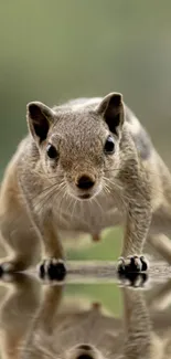 Adorable squirrel with its reflection on a serene background.