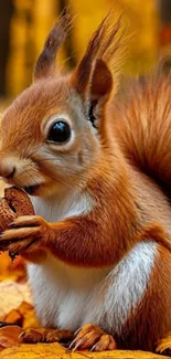 Cute squirrel holding an acorn in autumn scenery.