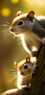 Two cute squirrels perched on a tree with a warm, glowing background.