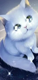 Adorable white cat with glowing eyes under a starry sky.
