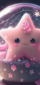 Adorable pink star character in a magical night setting.