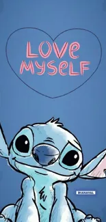 Cute Stitch wallpaper with Love Myself message on blue background.