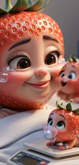 Cute strawberry-themed family wallpaper with cartoon style.