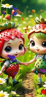 Two cute strawberry-themed characters in a colorful field with flowers and butterflies.