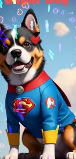 Superhero dog illustration with blue costume and cape on rocky platform.