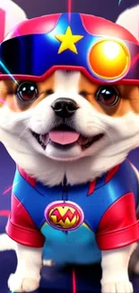 Cute cartoon dog in superhero costume with vibrant colors.