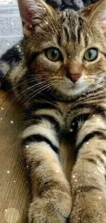 Cute tabby cat laying on wooden floor with green eyes.