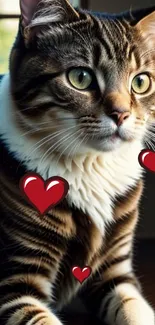 Adorable tabby cat with red hearts.