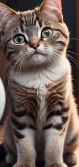 Adorable tabby kitten with green eyes in a cozy room.