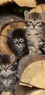 Three tabby kittens sitting on stacked wood logs, looking cute.