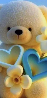 Charming teddy bear with hearts and flowers mobile wallpaper.