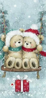 Cute teddy bears on a swing with a Christmas gift below, in a snowy setting.