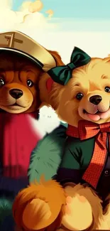 Adorable teddy bears in colorful outfits with joyful expressions.