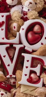 Teddy bears with love letters and hearts.