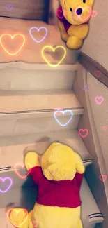 Teddy bears with glowing hearts on stairs mobile wallpaper