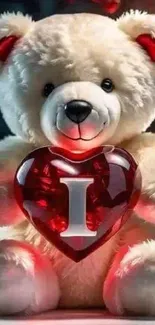 Cute teddy bear holding a red heart with I.