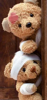 Adorable teddy bears peeking from behind a wooden door, perfect for mobiles.