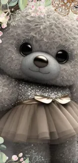 Adorable gray teddy bear in a floral dress wallpaper.