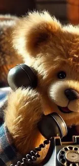 Cute teddy bear with phone in cozy setting.