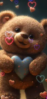 Cute teddy bear holding a heart, surrounded by tiny hearts on mobile wallpaper.